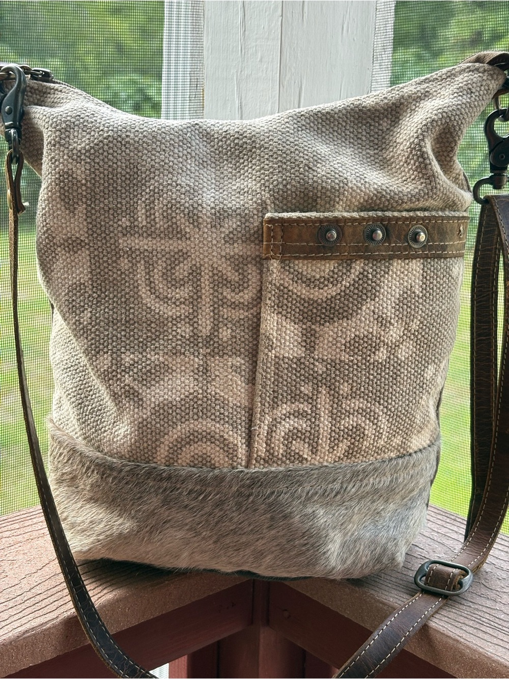 Myra Bag Neutral Patterned Canvas & Leather-Trim Shoulder Bag with Fur Trim